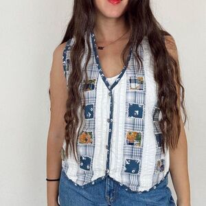 Vintage AGAPO Cottagecore patchwork striped plaid vest with floral details
